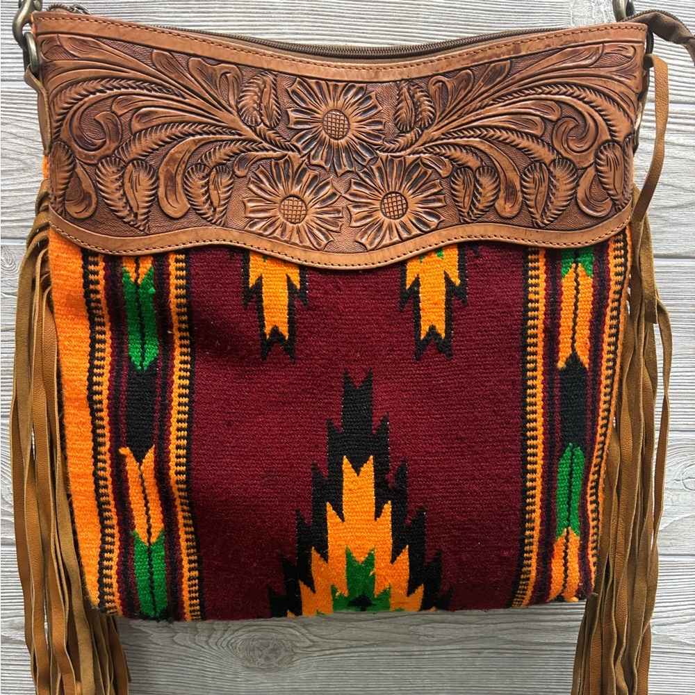 American Darling Cranberry Aztec Blanket Fringe Purse